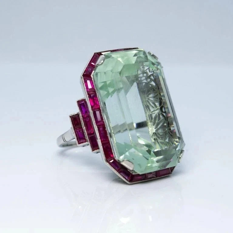 Vintage Art Deco Style 7CT Aquamarine & Ruby Halo Wedding Ring 14K White Gold FN