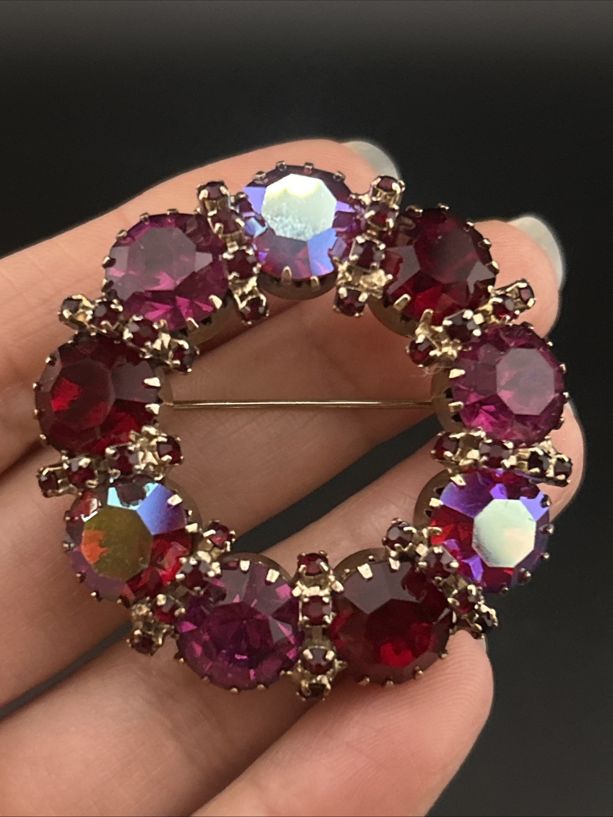Vintage Karu Arke Inc. Fuchsia Ruby Red Aurora Borealis Rhinestone Brooch Pin