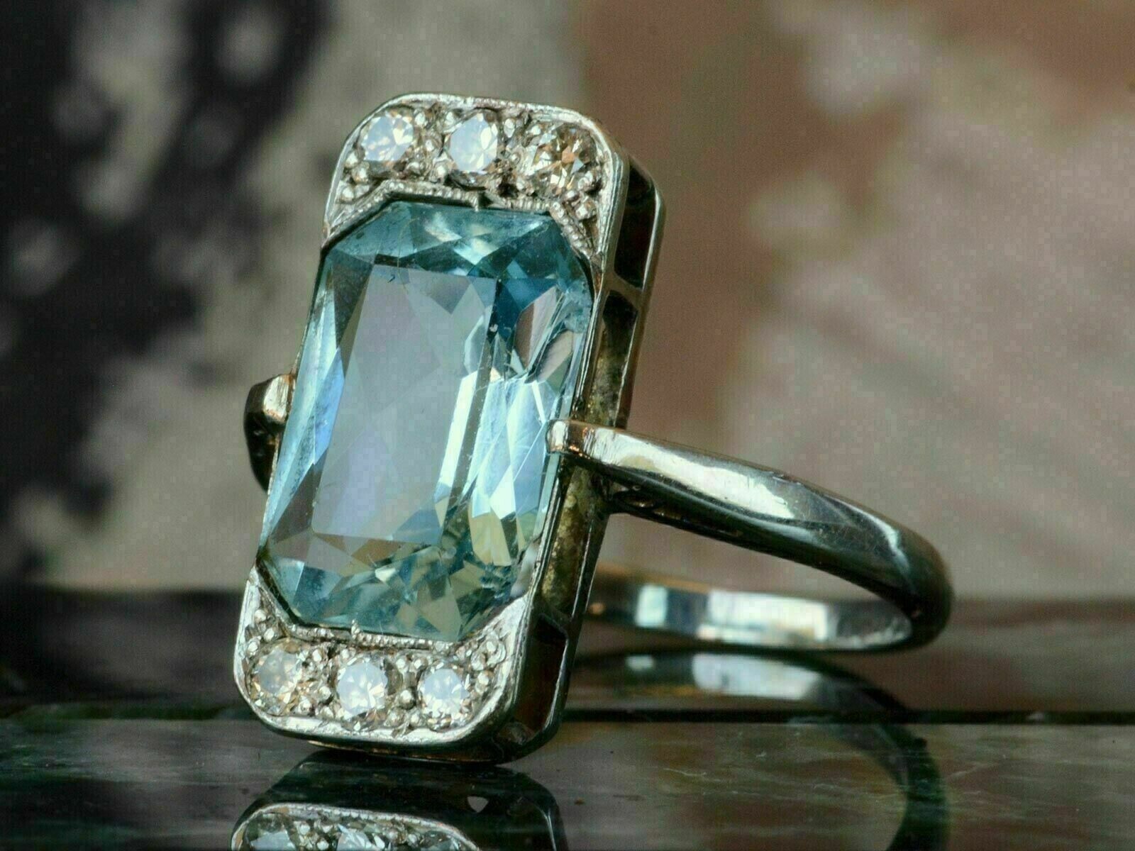 Vintage Estate Art Deco Emerald Cut 4CT Lab Created Aquamarine 925 Silver Ring