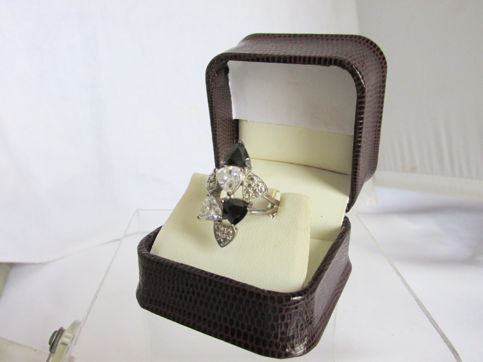 Vintage Black & Clear CZ Trillion Cut Cocktail Ring Silver Plate Sz 6.5