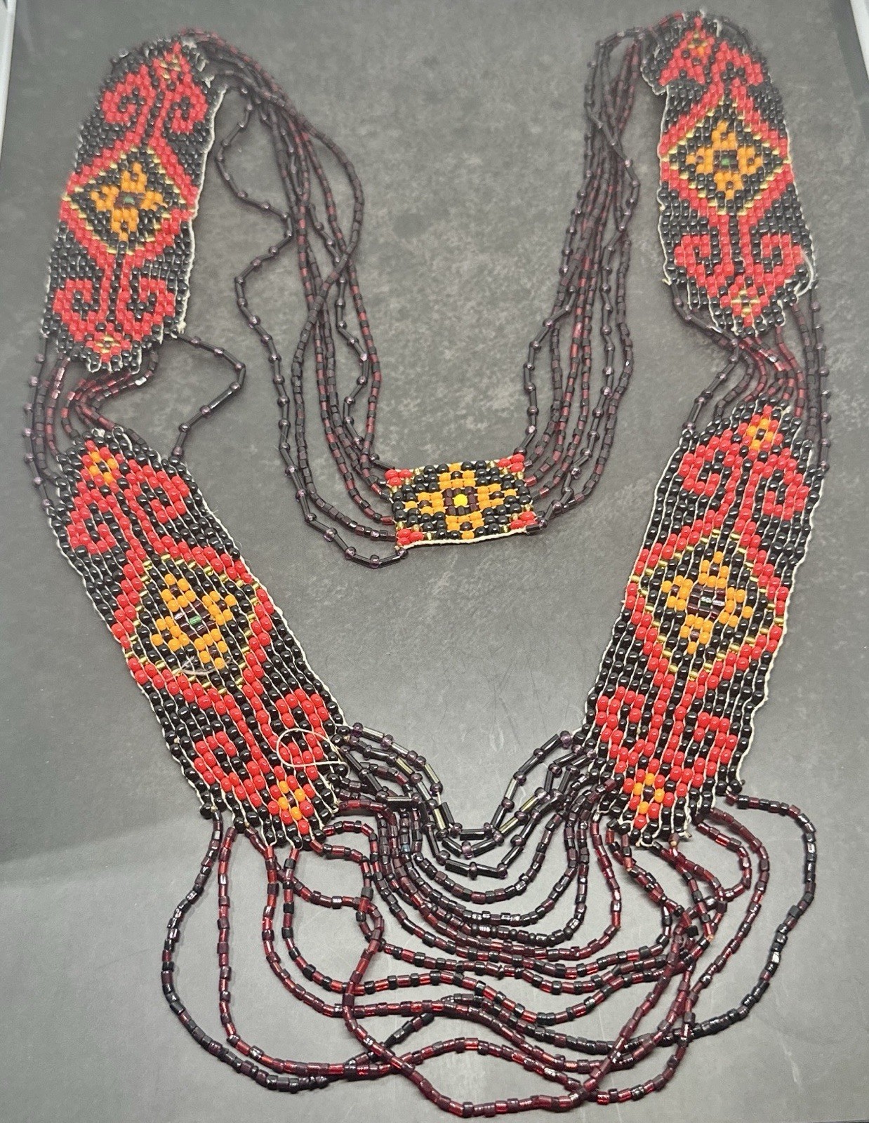 Red Black Seed Bead Necklace Multi Strand Tribal Boho Fringe Bib