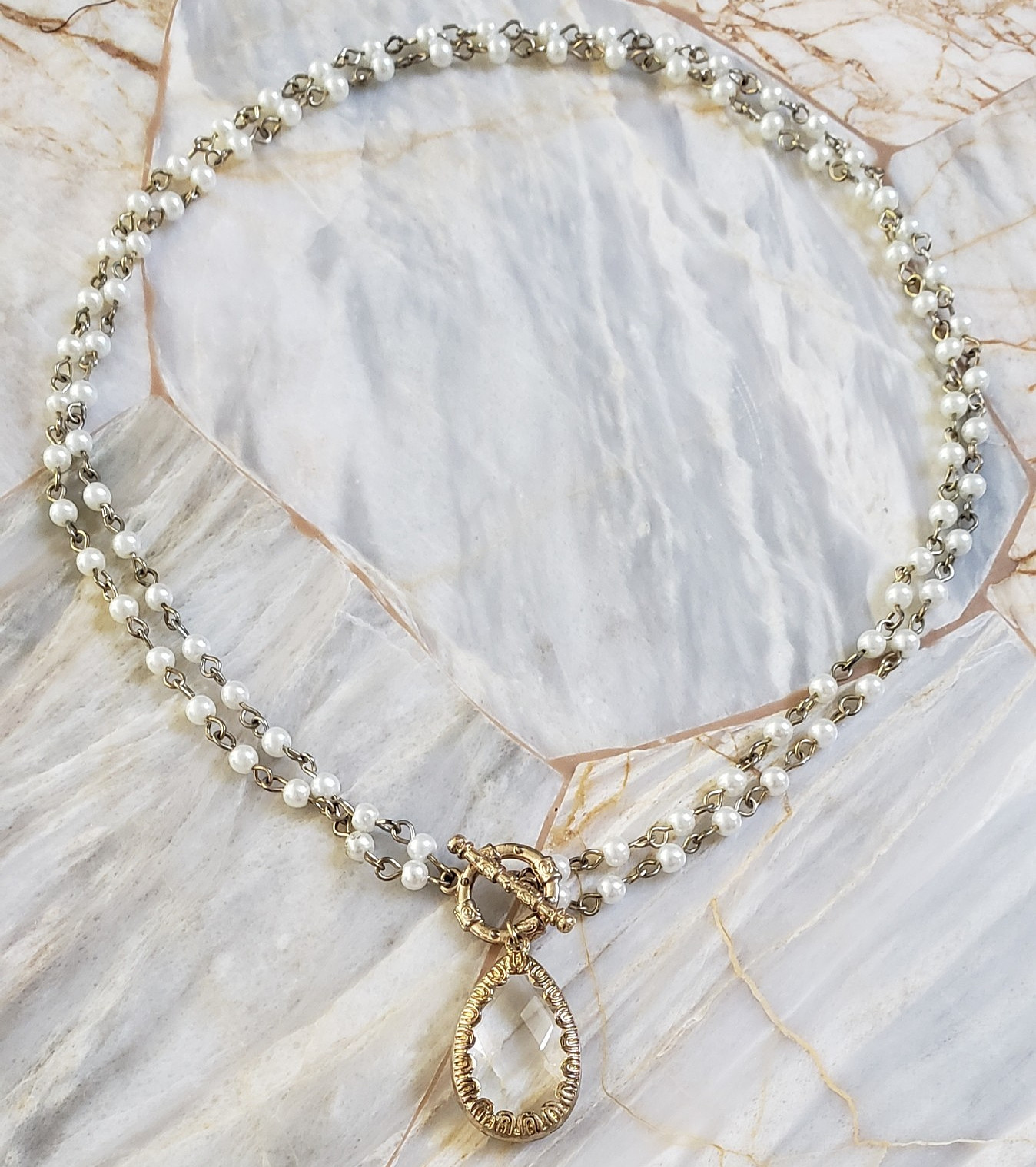 Vintage Faux Pearl Double Strand Necklace Gold Tone Crystal Pendant 18″
