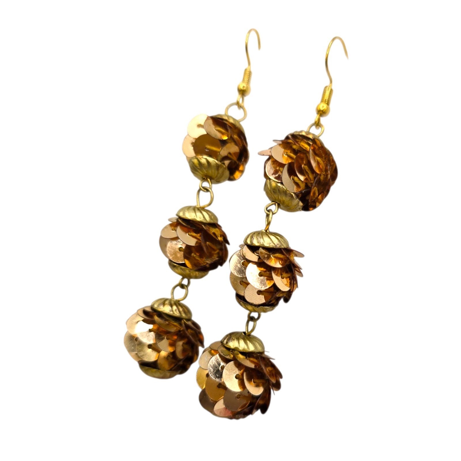 Pierced Earrings Vintage Sequins Gold Tone Three Tier Ball Dangle Retro Fashion