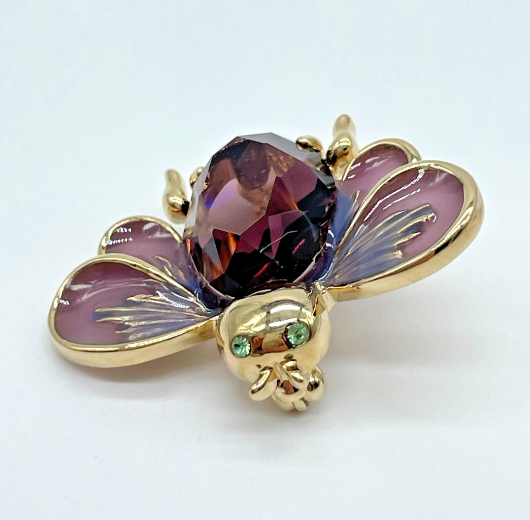 VTG Cute Little Purple Faceted Glass Green Rhinestone Enamel Bug Bee