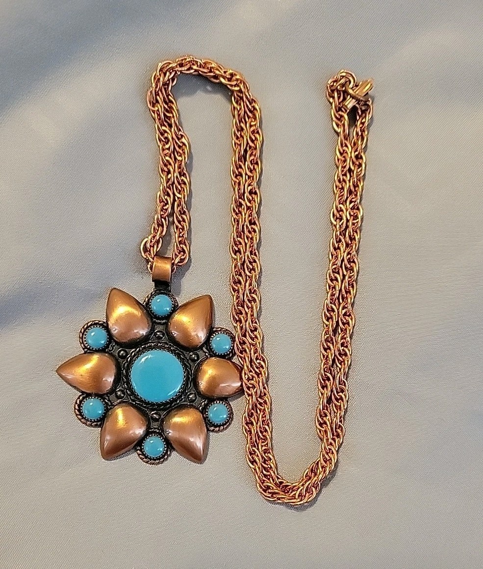 VTG Bell Trading Post Copper Turquoise Pendant Necklace 24″ Chain 1950s