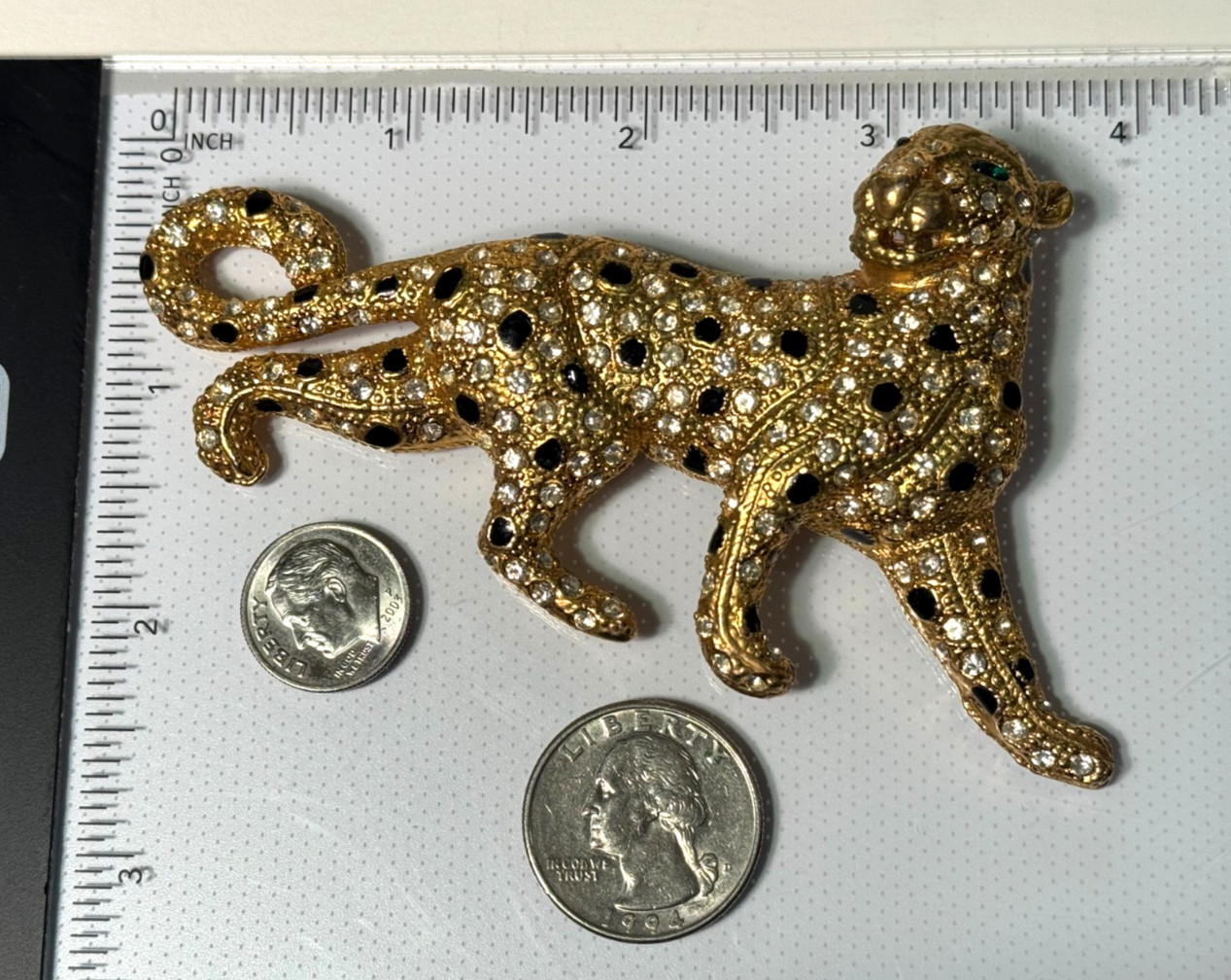LARGE PANTHER BROOCH PIN GOLD TONE RHINESTONES BIG CAT BLUETTE FRANCE STYLE 4″