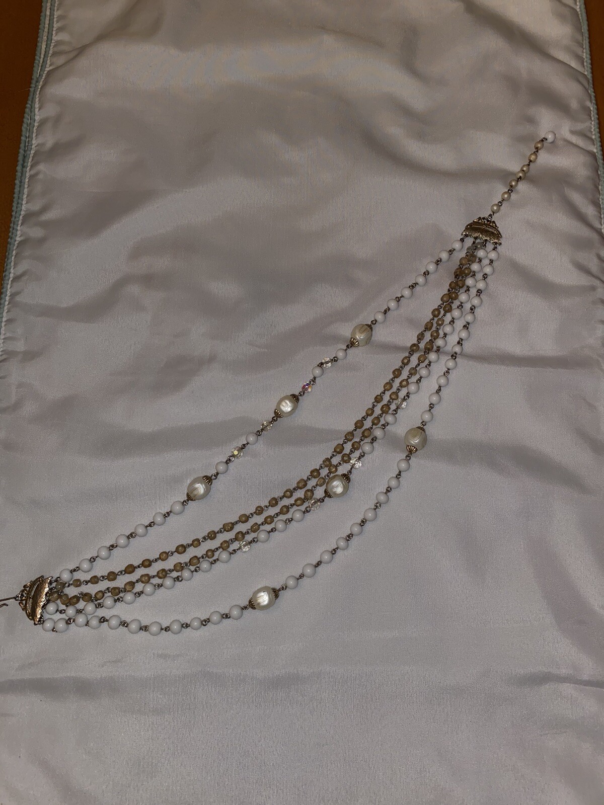 Vtg Multi Strand Gold White Champagne Crystal Faceted Bead Necklace 19”