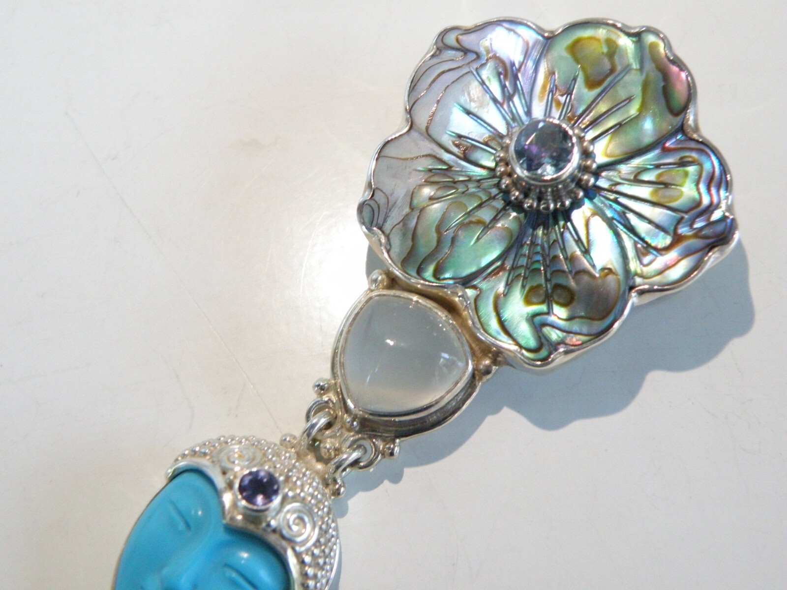 Sajen Sterling Silver 925 Large Carved Turquoise Goddess Brooch Pin Pendant