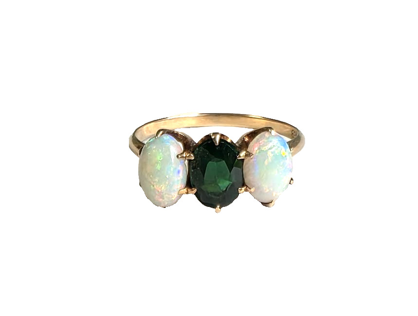 Antique Trilogy Ring Vibrant Opals and Deep Green Center Stone 10k Gold Superb!