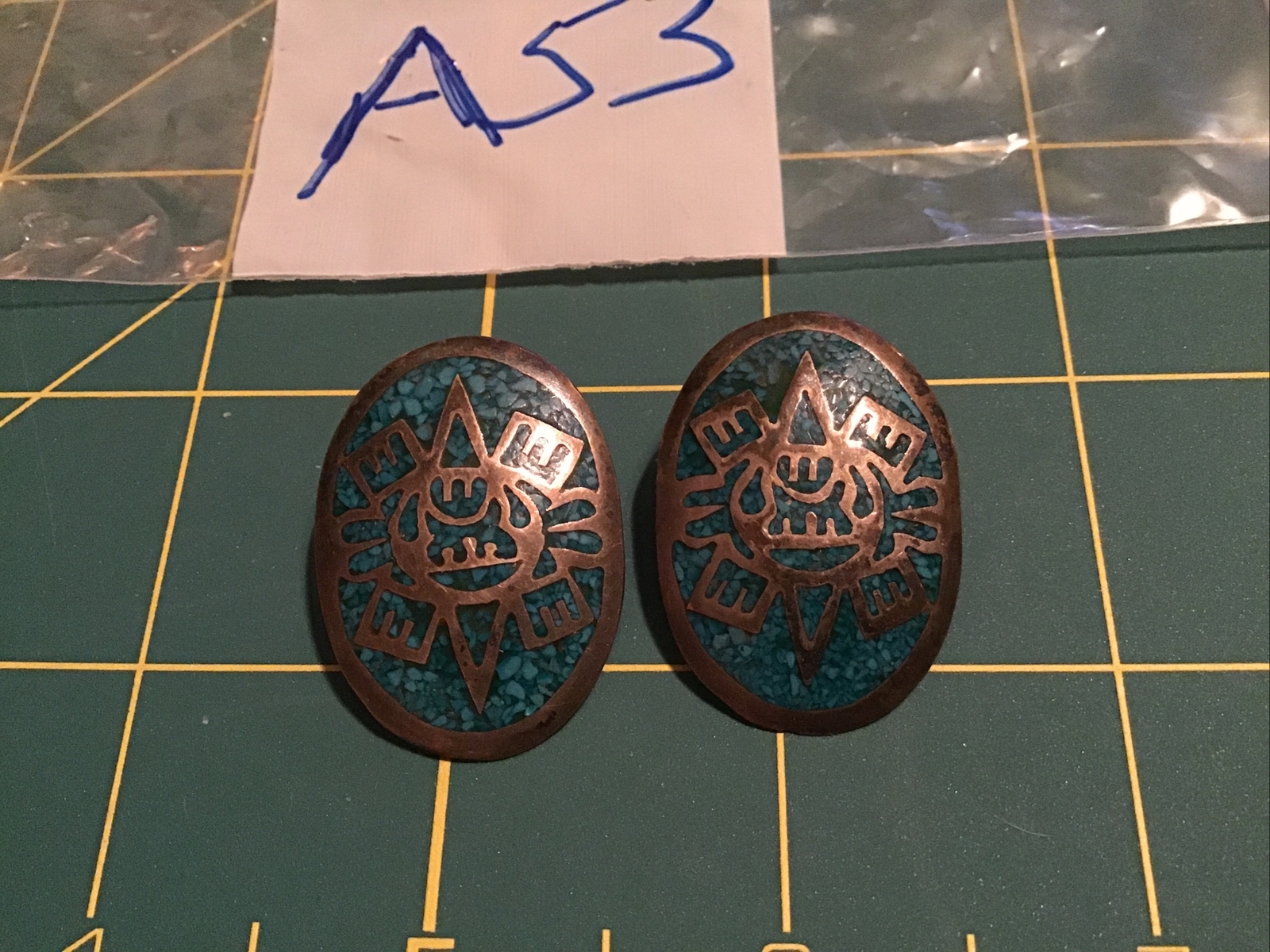 Vintage Sterling Silver Mexico Aztec Mayan Inlay Clip-On Earrings a53