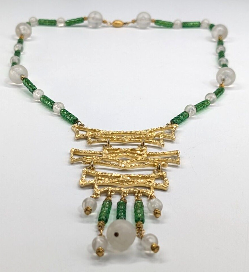 Vintage Chunky Huge Textured Gold Tone Pendant Faux Jade Asian Beaded Necklace