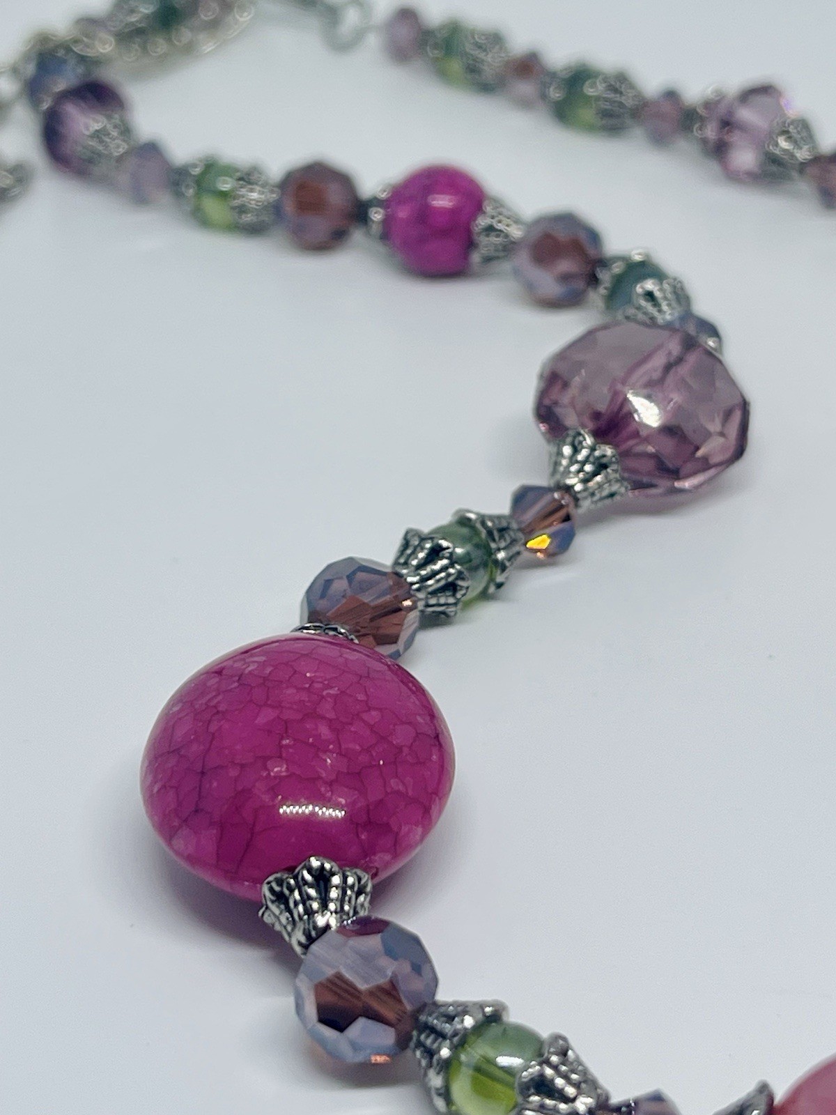 Vintage 80’s Pink And Green Glass And Crystal Bead Necklace & Earrings Set 20”