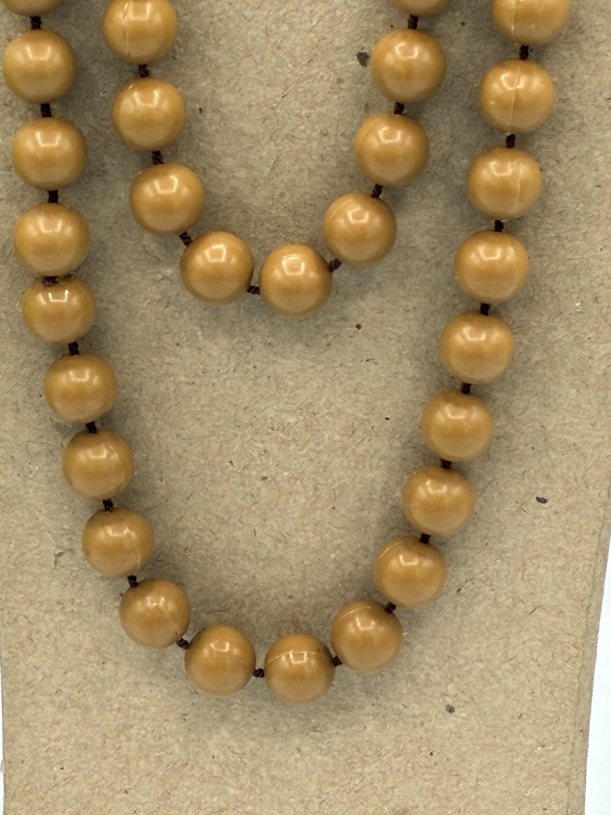 Vintage Caramel Tan Plastic Bead Long Rope Necklace Hand Knotted 1960s