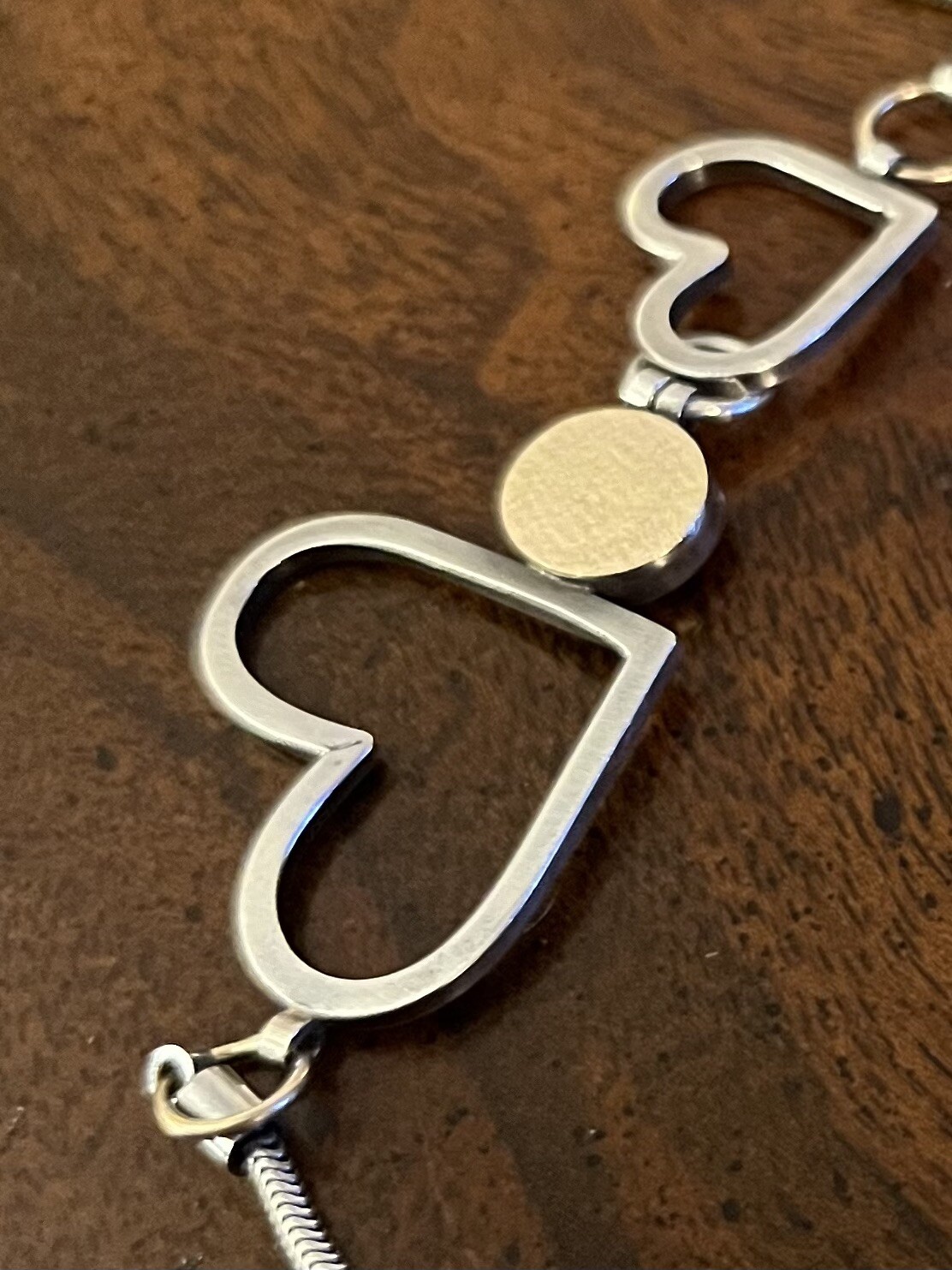Vtg Estate Mid Century Modernist Textured Sterling Gold Hearts Station Necklace