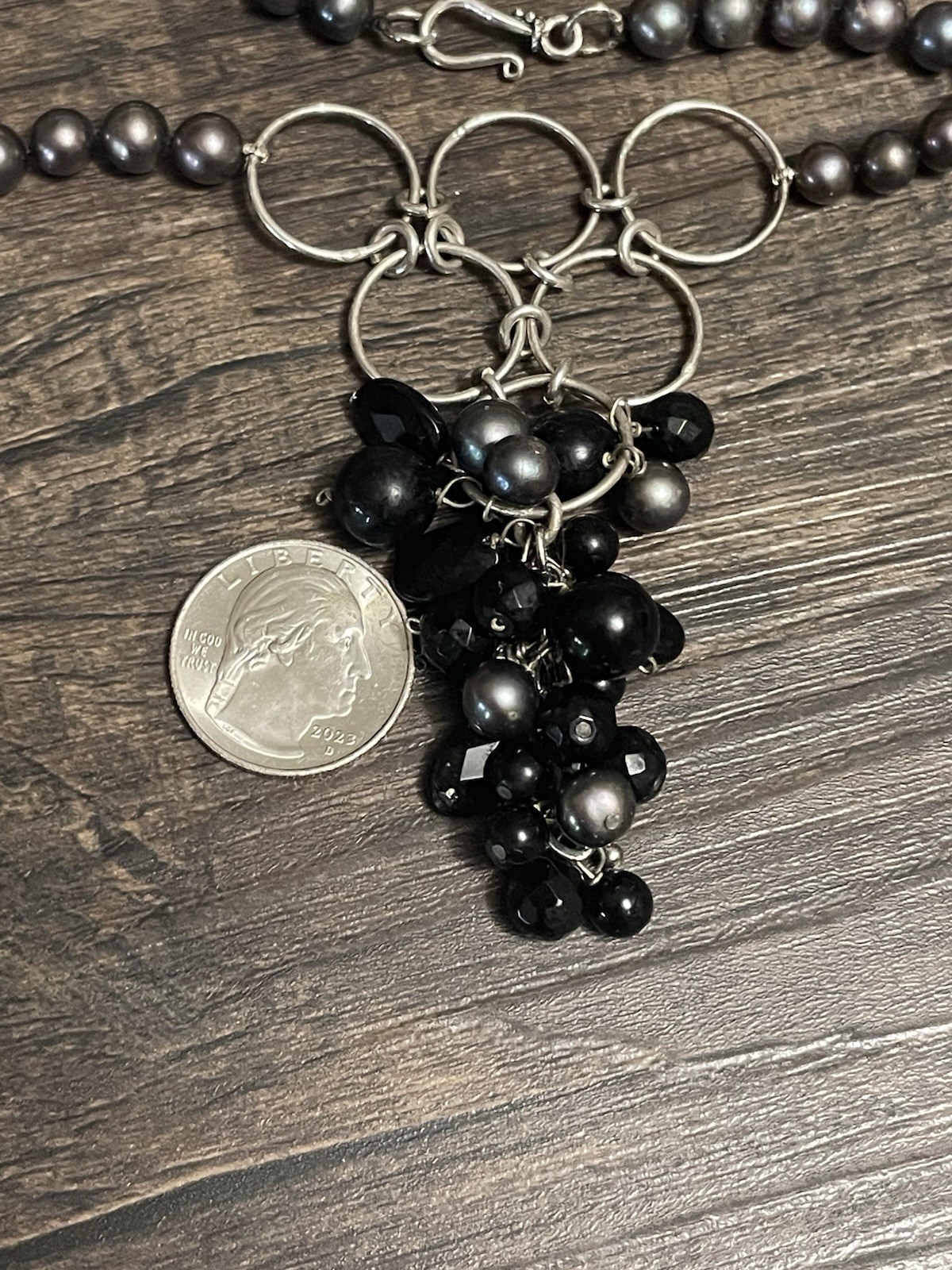 Vtg Gothic Sterling Silver Peacock Pearl Cluster Pendant Necklace-Artisan 17.5″