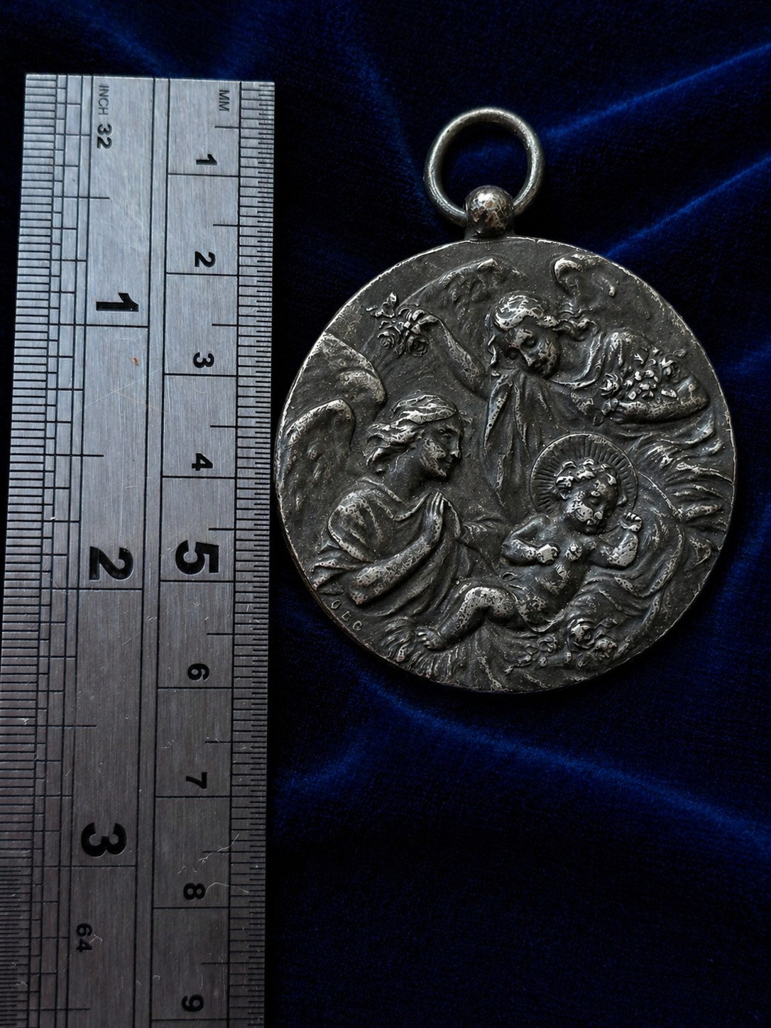 Large Antique Solid Silver Religious Medal Virgin Mary Angel Scene 19thC French