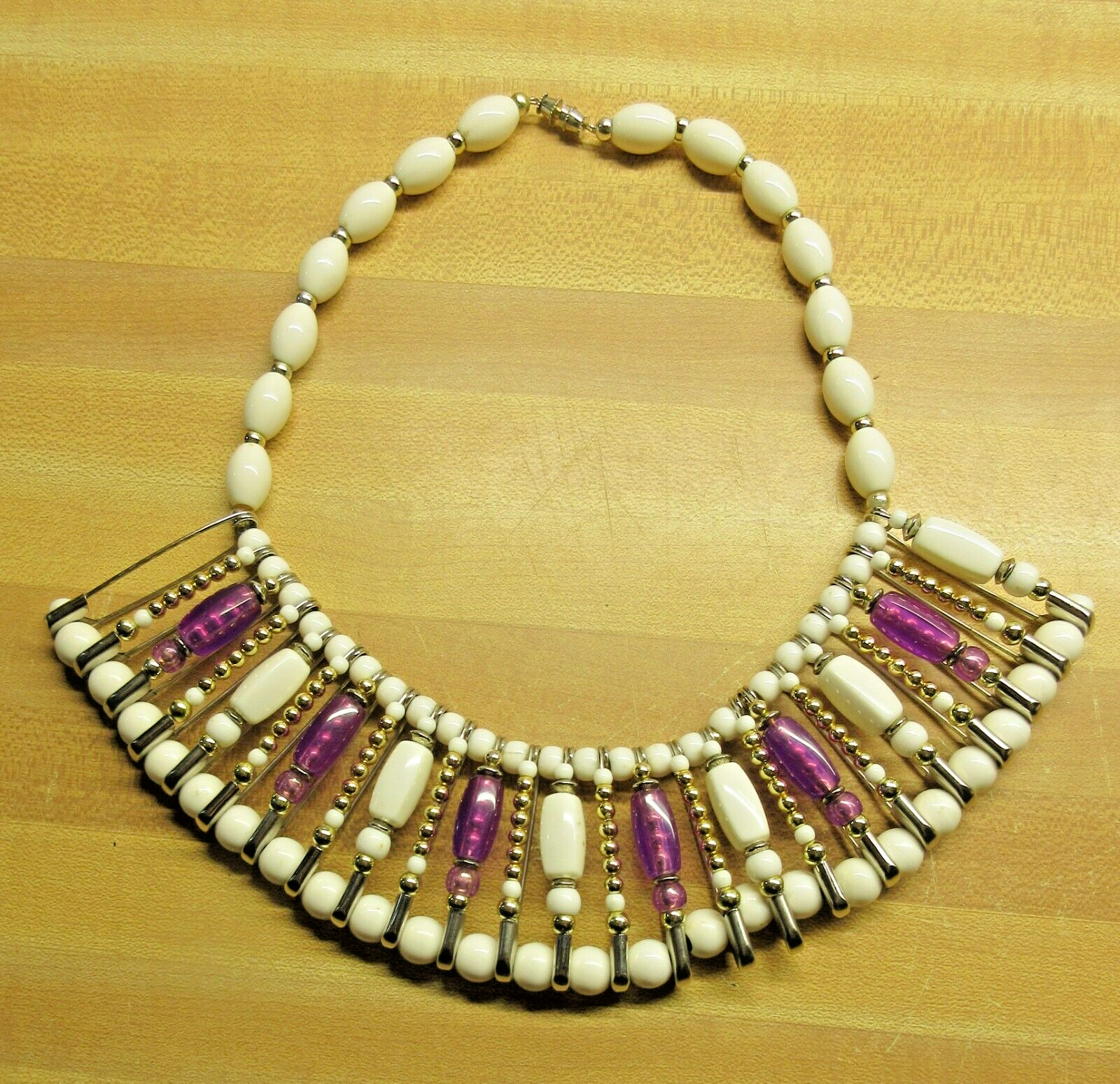 VTG 17.5″ silver gold tone metal purple white bead CHUNKY strand Necklace Barrel