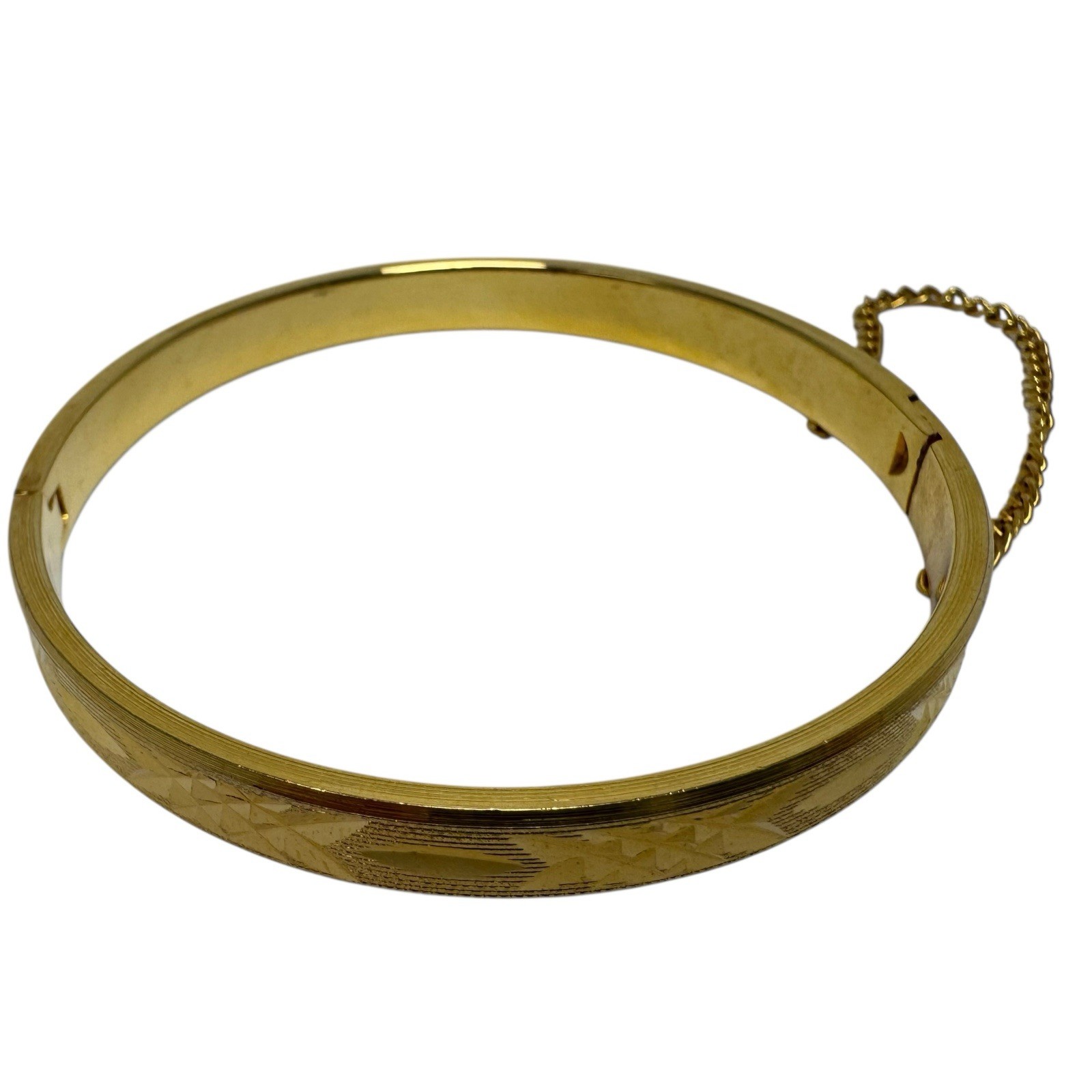 Vintage Gold Tone Hinged Bangle Bracelet Textured Finish w/ Diamond Cut Design