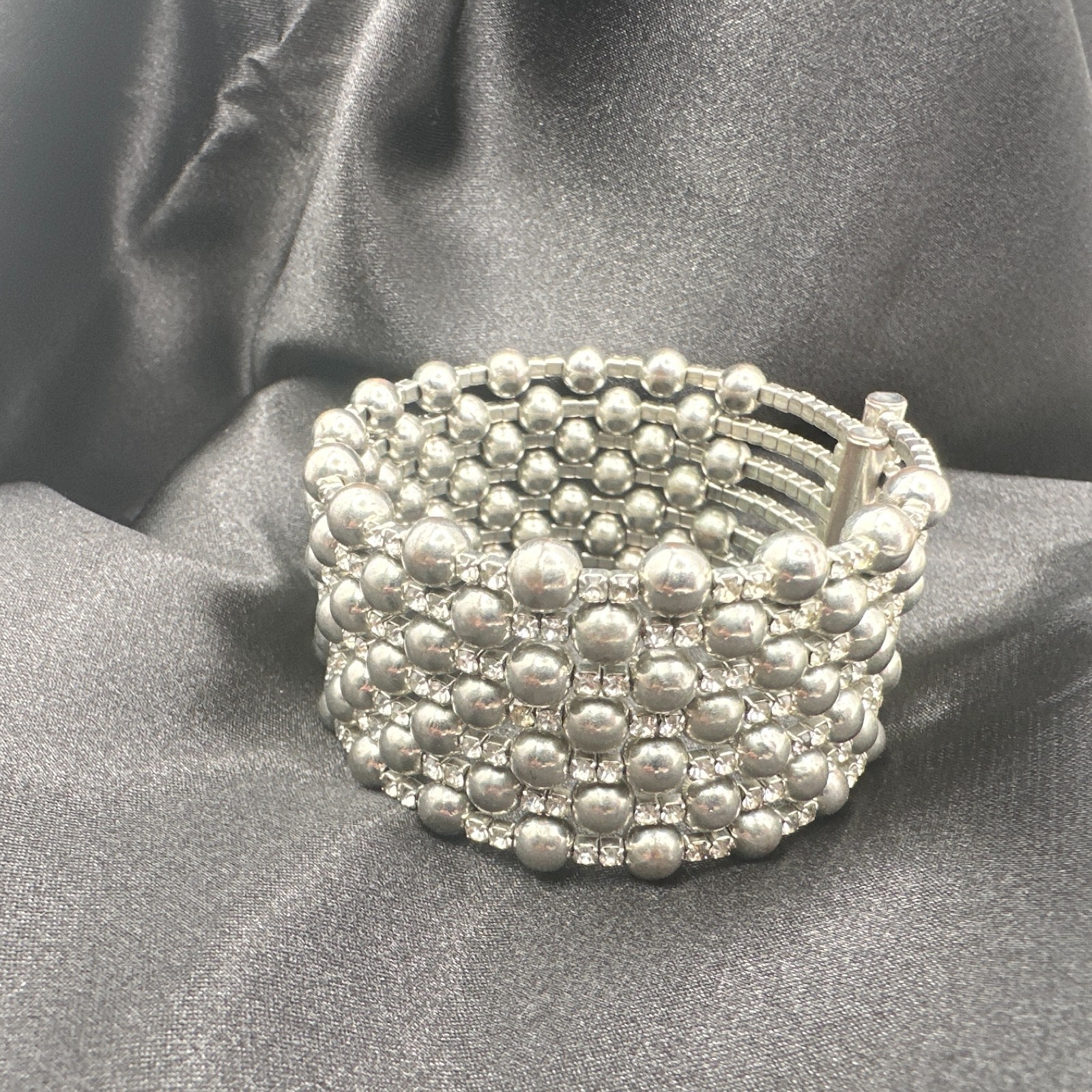 Vintage 90s Silver Tone Multi Row Bead Clear Glass Wide Cuff Statement Bracelet
