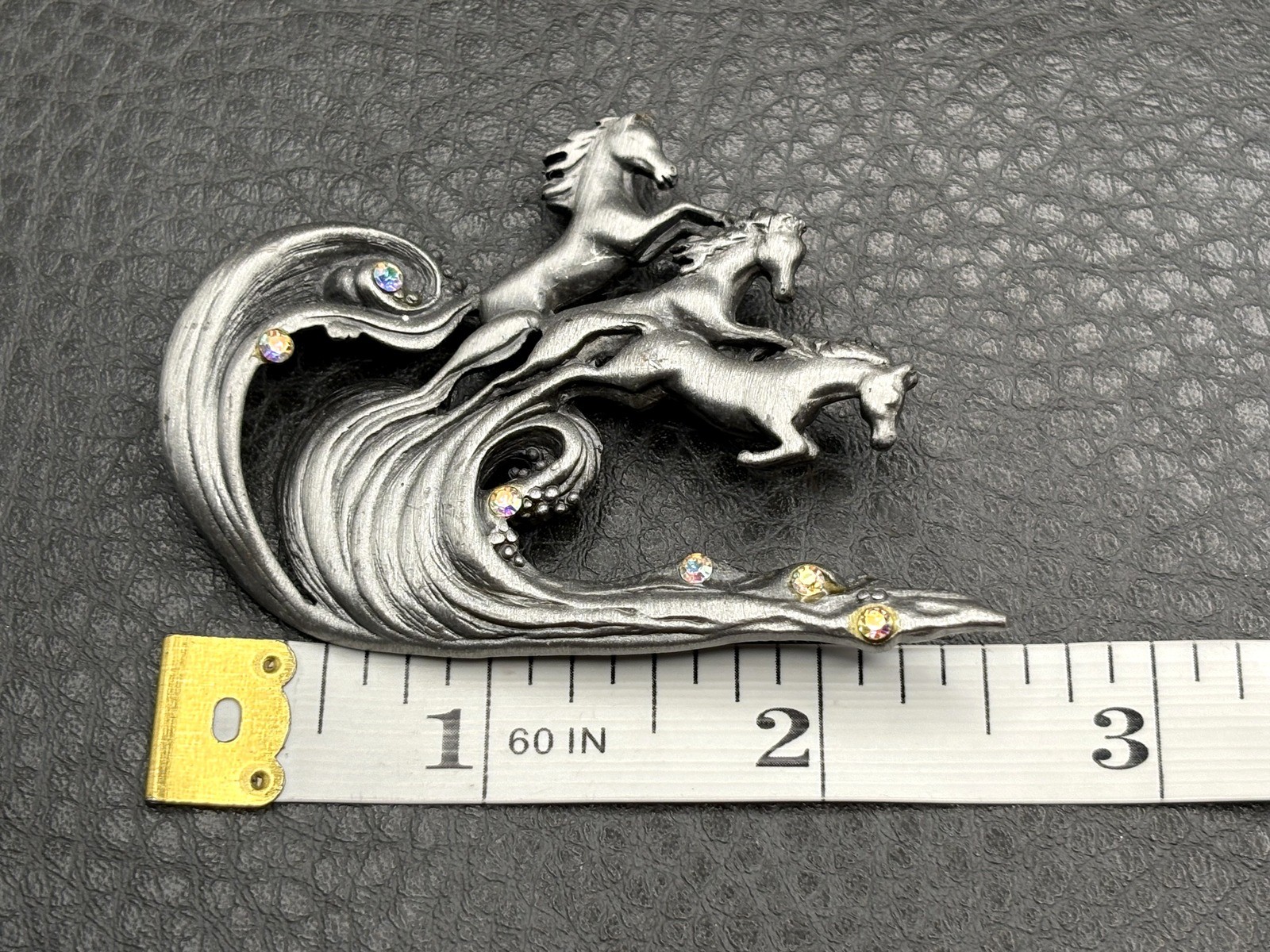VTG Horses Riding Waves Equestrian AJC Pewter Aurora Borealis Crystal Brooch Pin