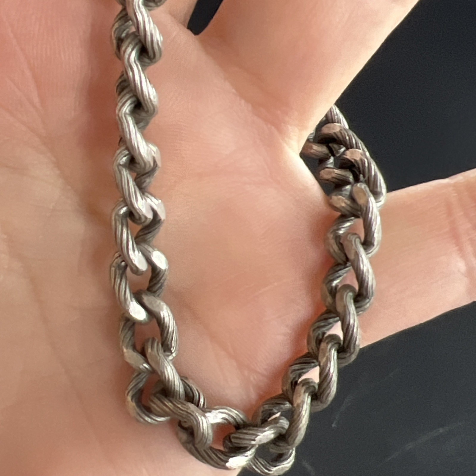 Vintage Silver or Pewter Tone Large Link Bracelet 8.75” Gun Metal Brushed Etched
