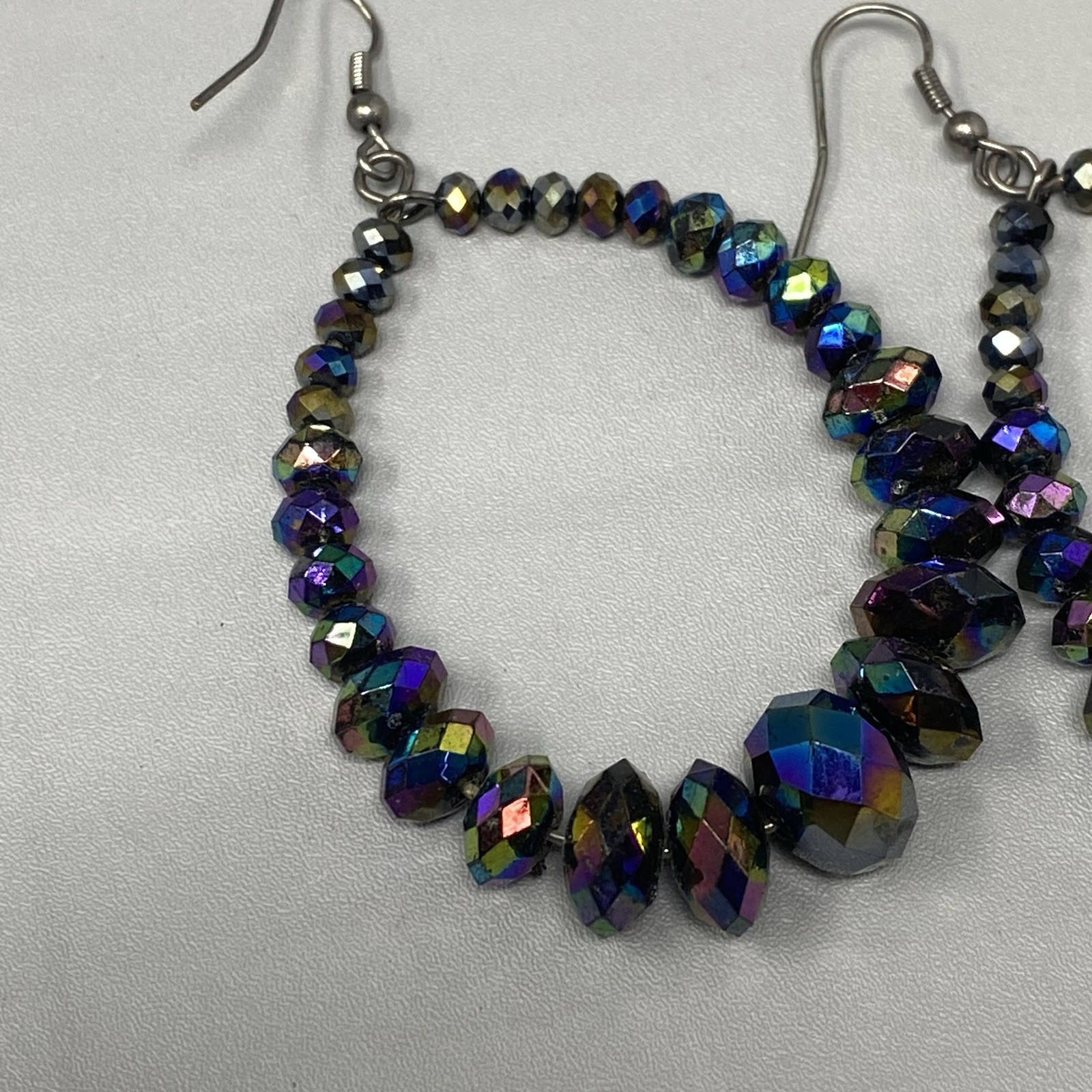 Aurora Borealis Pierced Earrings Dangle Drop Hoop Iridescent Glass Beads 3″