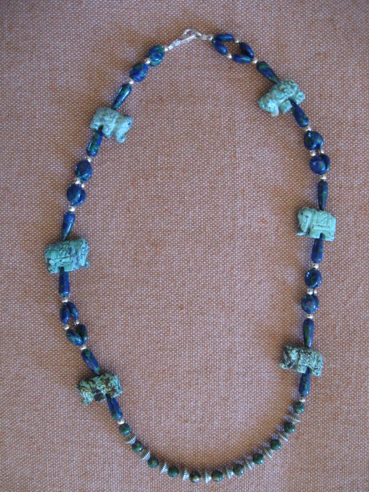 Vintage Malachite-Azurite/ Turquoise Elephant & Silver Beaded Necklace 23″ Long