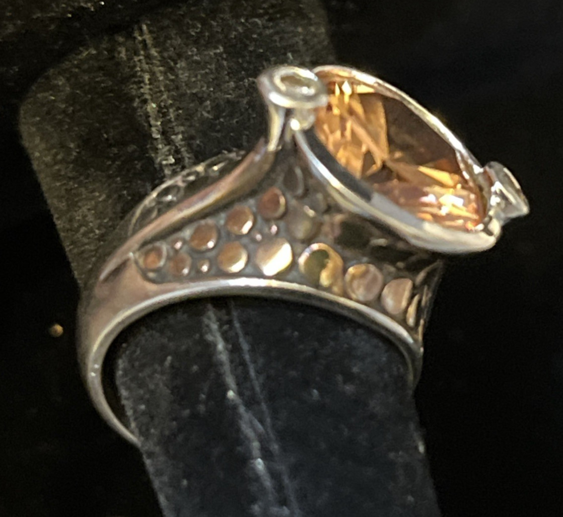 Vintage Sterling Silver Citrine Pebbled Statement Ring Size 7 Chunky 10.2g