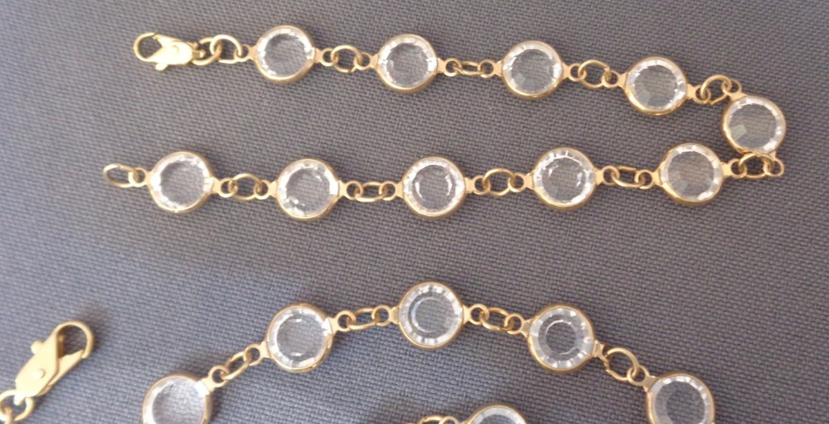 Vintage Necklace & Bracelet Set Bezel Set Faceted Clear Crystals Gold Tone