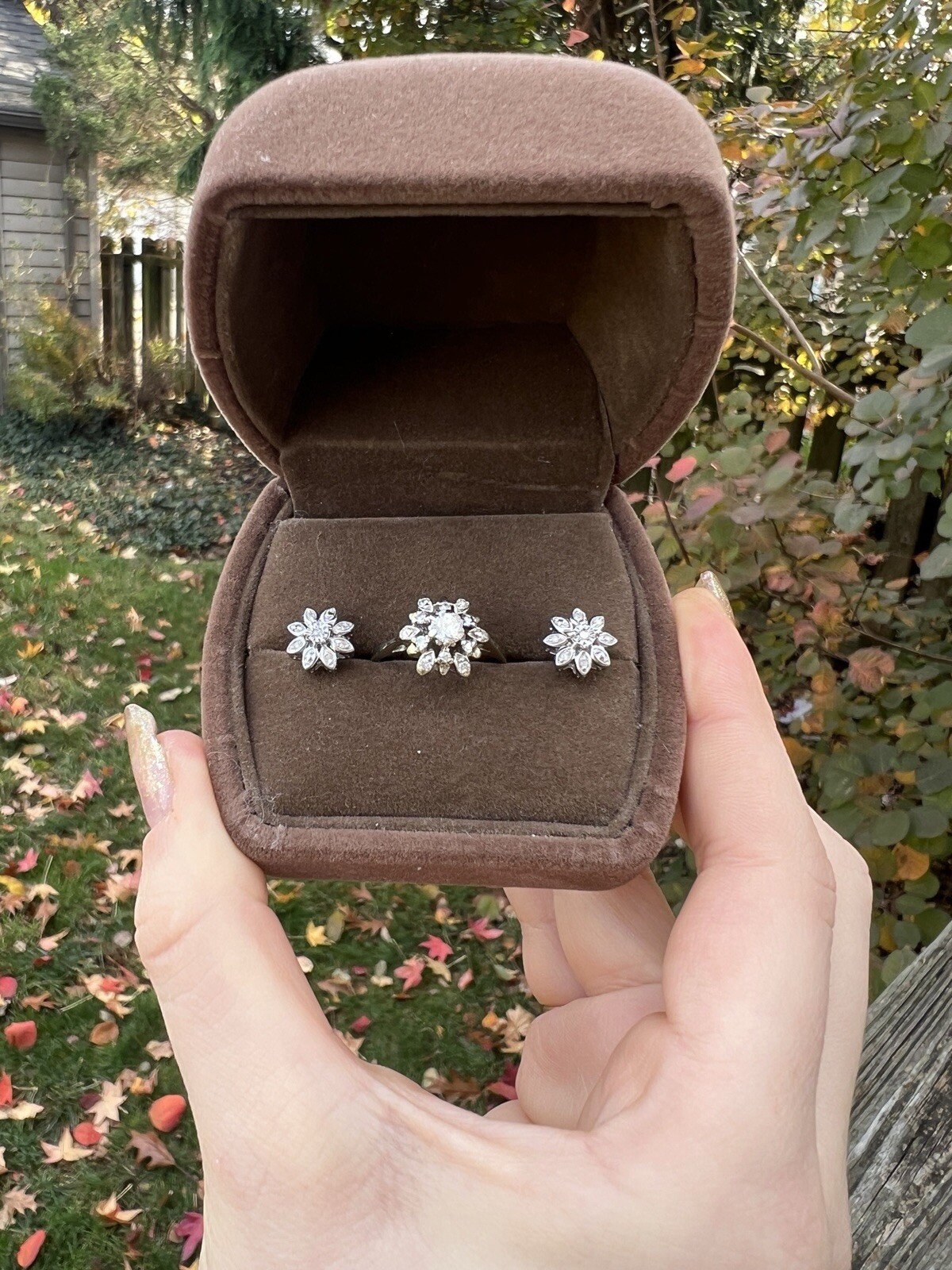 Vintage 14k gold DIAMOND snowflake jewelry set – earrings, ring – great gift!