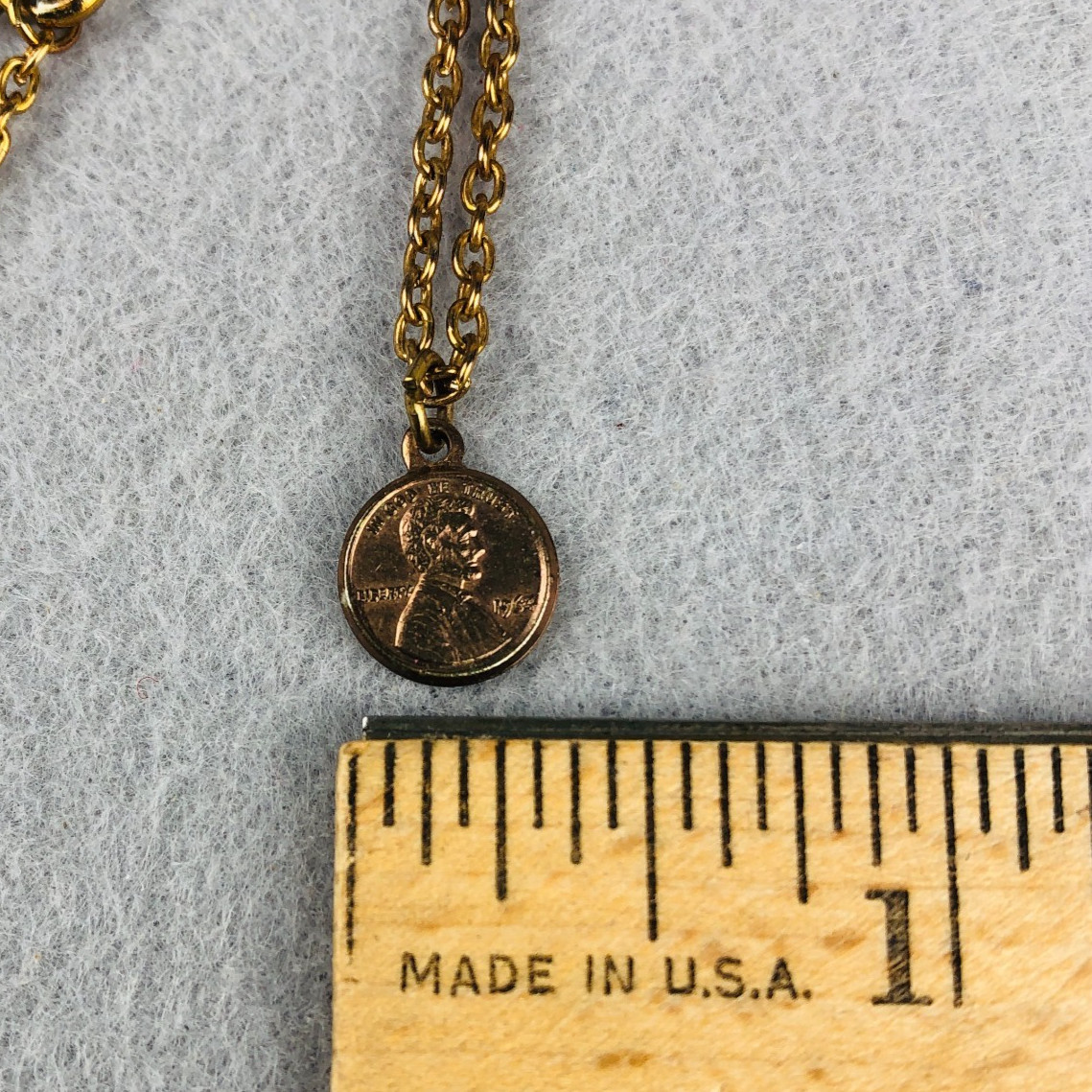 Penny Miniature 10mm Coin Charm Pendent Necklace Vintage 16″ gold tone chain