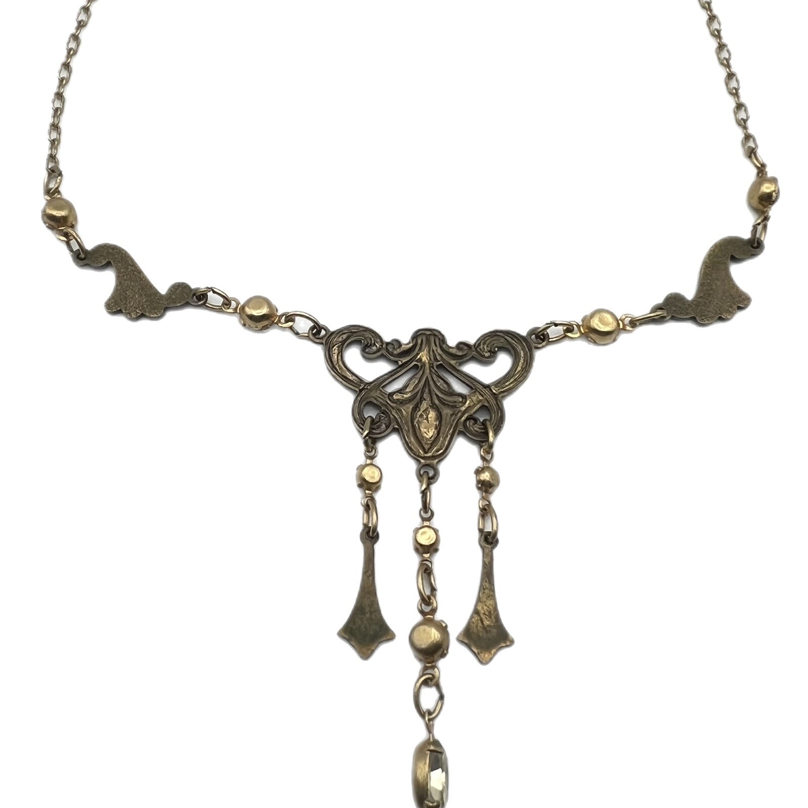 Vintage Sadie Green Dangle Drop Rhinestone Chandelier Chain Necklace Gold Tone