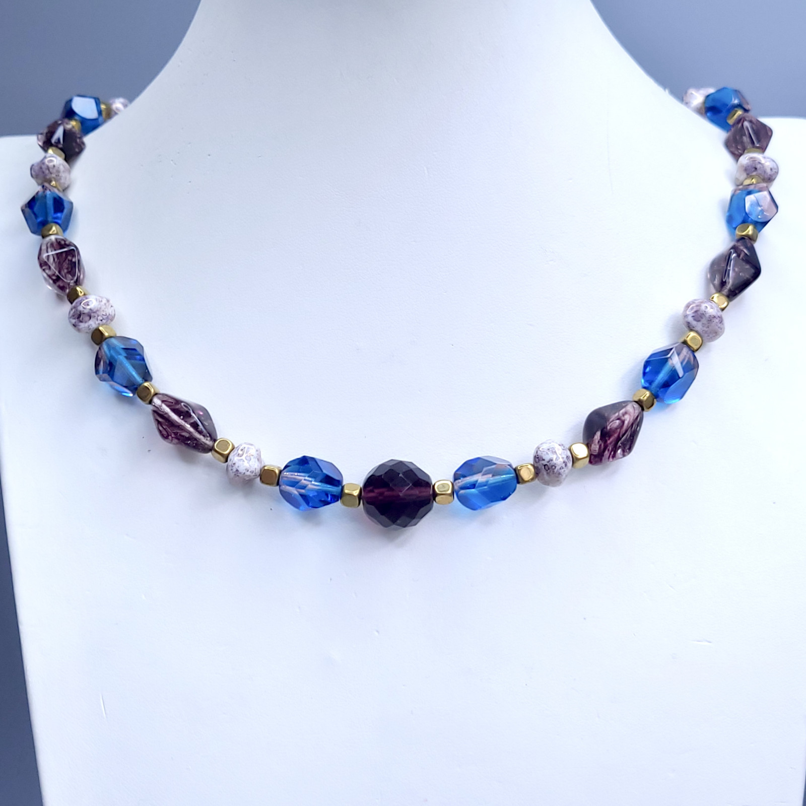 Necklace 20” Blue and Purple Glass Czech Vintage Beads Women`s Jewelry