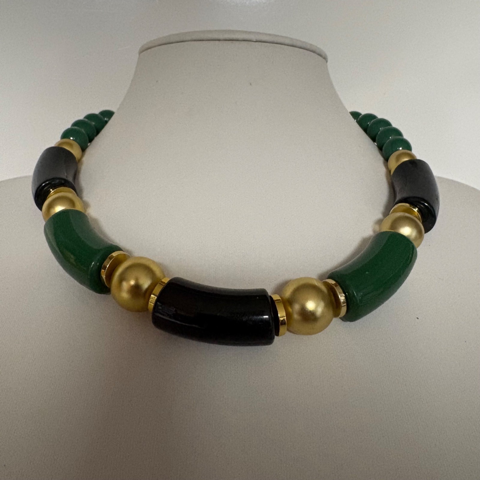 Vintage Green Gold Tone Beaded Statement Necklace Chunky Asian Inspired Retro