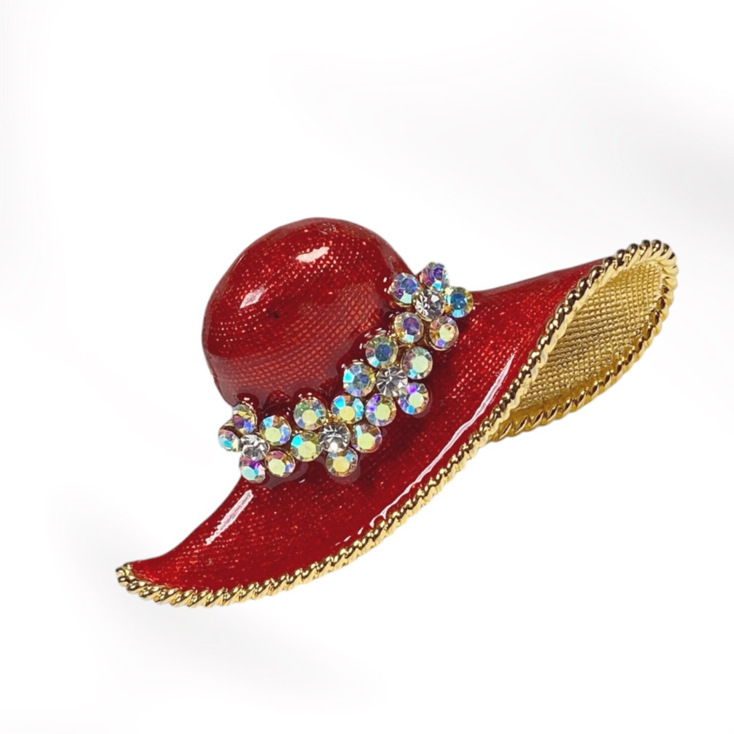 Vintage Red Hat Brooch Aurora Borealis Gold Tone Rhinestone Flower Enameled Pin