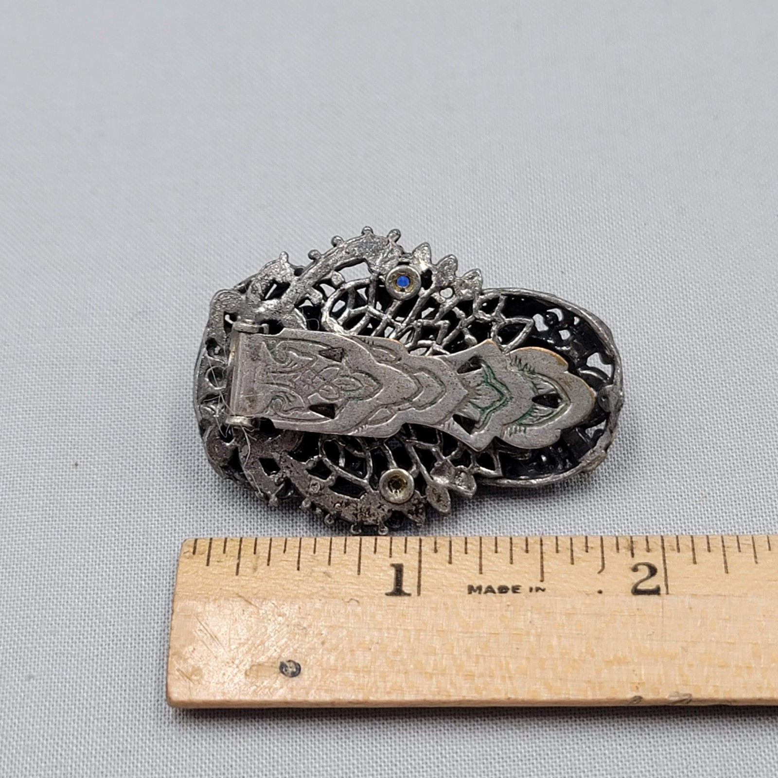 Vintage Blue Cabochon Dress Clip Dark Gray Embossed 2″
