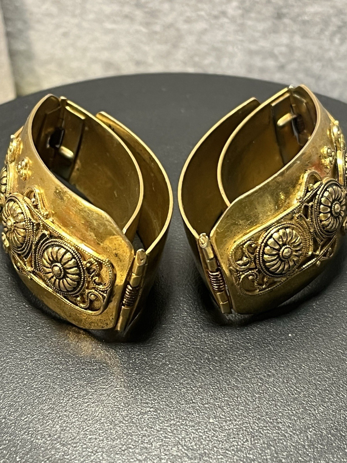 Vintage Etruscan Revival Hinged Cuff Bracelet Pair Gold Tone Cannetille Jewelry