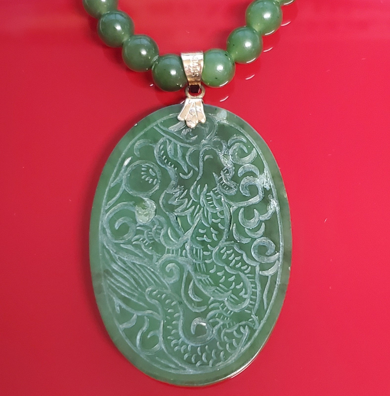 VTG 925 Spinach Jade Crane Dragon Pendant 24in Bead Necklace Carved Reversible