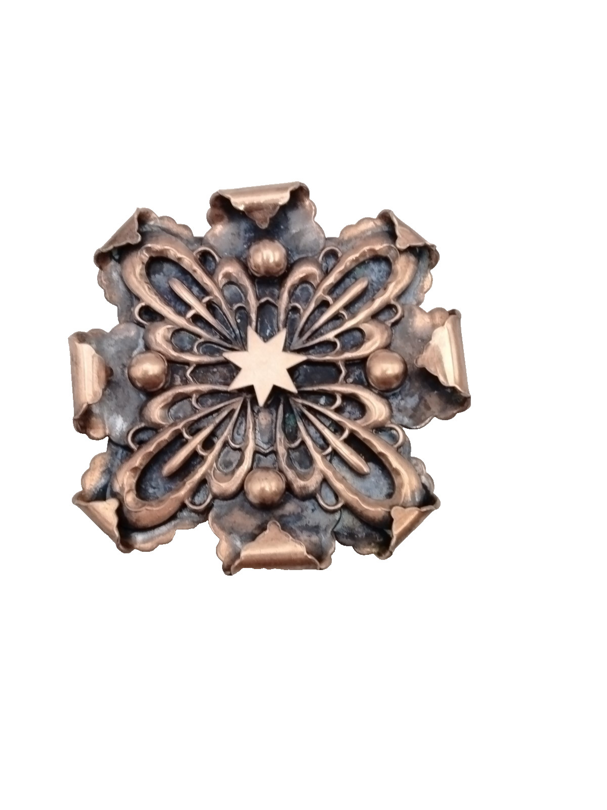 Artisan Crafted Copper Flower Brooch Pin Boho Dimensional Star Medallion Jewelry