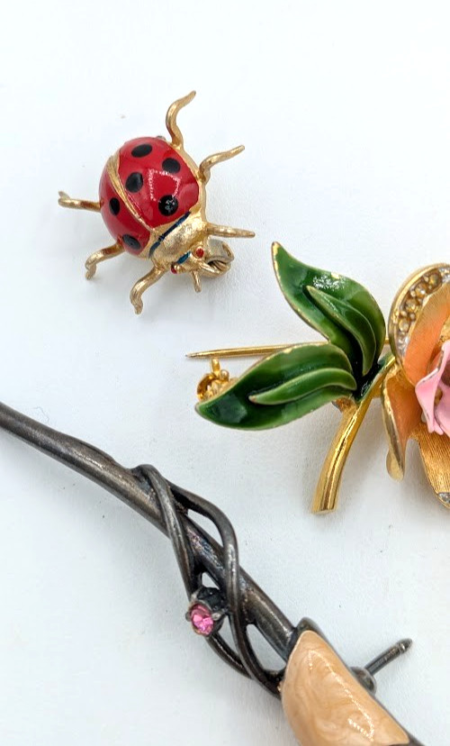Vintage Flower Brooch Lot Rose Ladybug Enamel Floral Pins 4 Piece Collection
