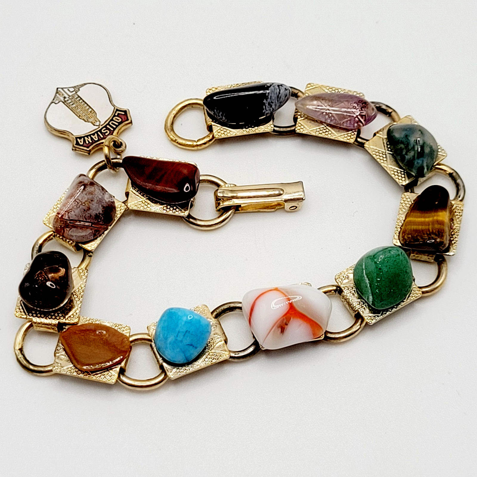 Souvenir Louisiana Natures Worldwide Polished Gemstones Gold Tone Vtg Bracelet