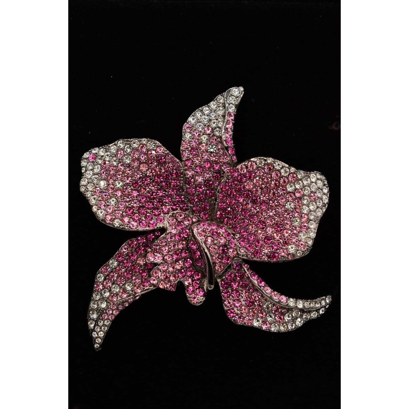 PJM Crystal Flower Brooch Pin 4″ Rhinestone Pink Gunmetal Vintage Signed BinV
