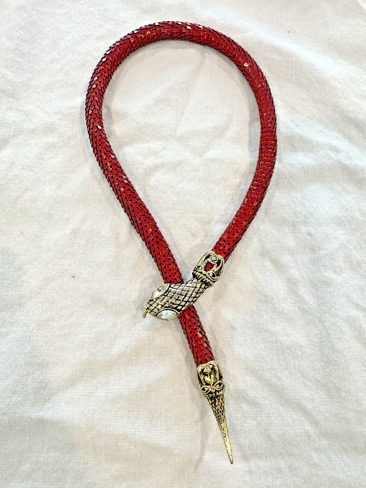 DL Auld Gold Red Mesh Snake Choker Necklace Rhinestone Vintage