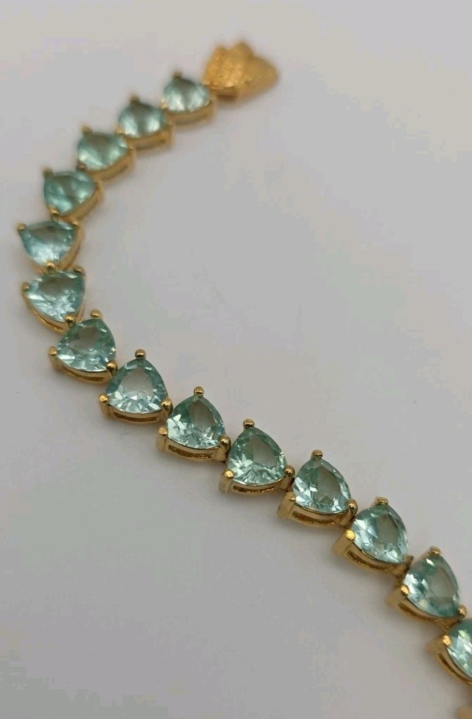 Aqua Blue Green Gold Vermeil Trillion Cut Faux Aquamarine Tennis Bracelet 6.75″