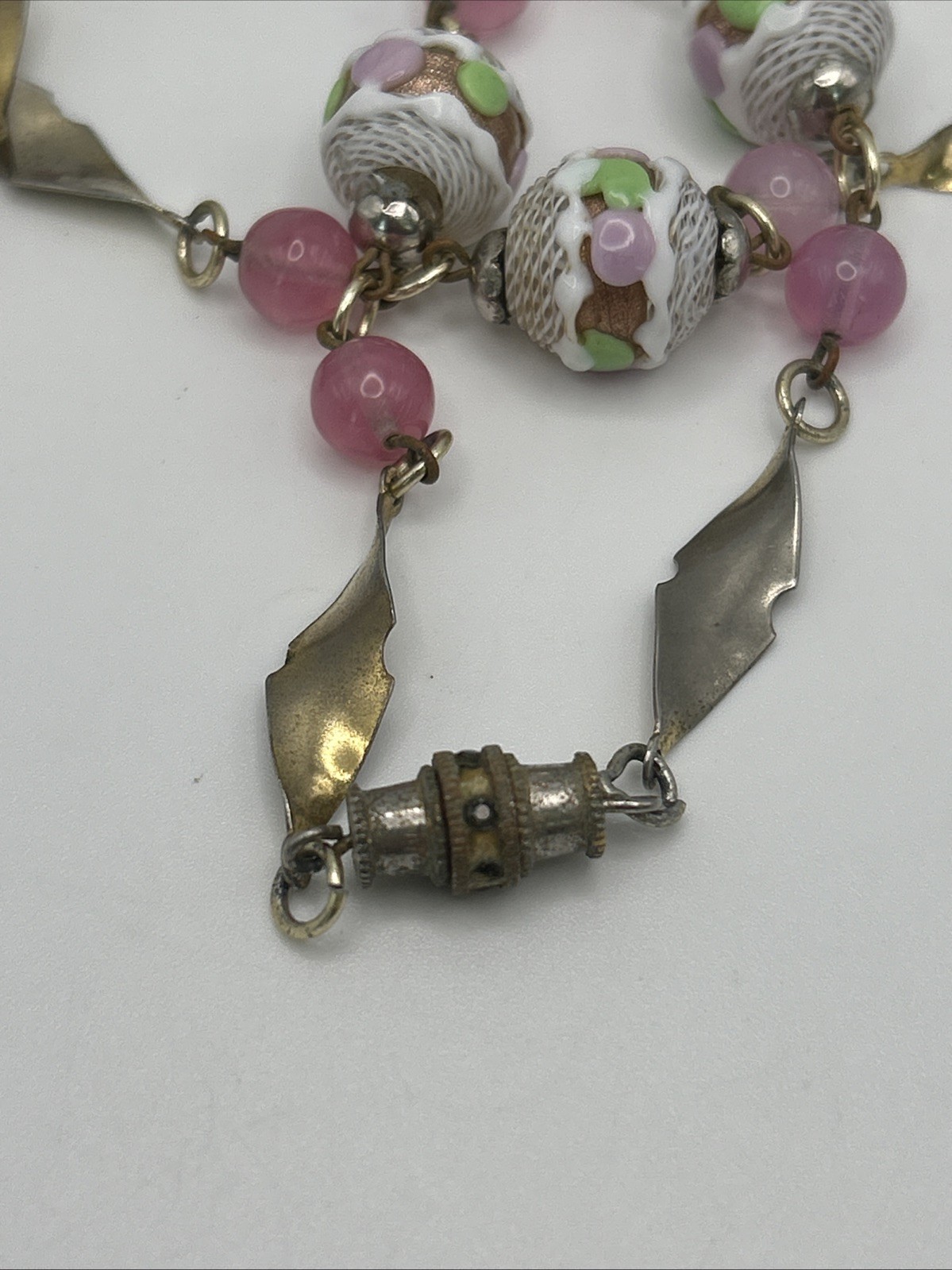 Venetian Italy Latticino Necklace Pink Green Purple White Gold Tone 1920’s VTG
