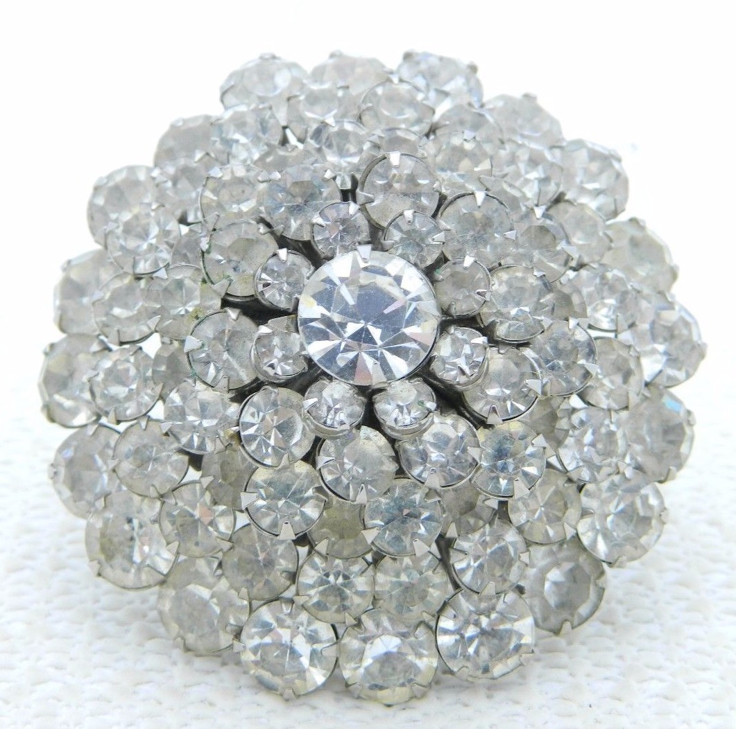 VTG Large Multi-Tier 3D Silver Tone Clear Glass Rhinestone Brooch Pin