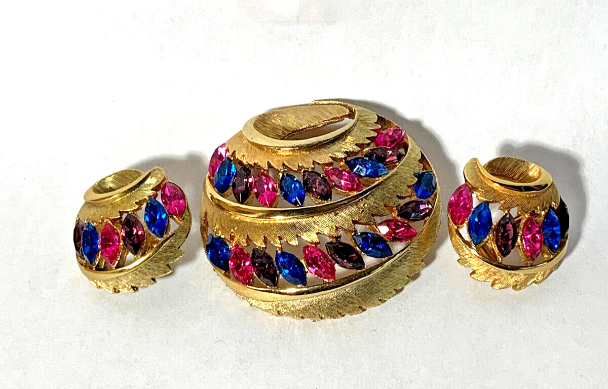 Pink Purple Blue Rhinestone Pin and Earring Set JJ Jonette Jewelry Spring Easter