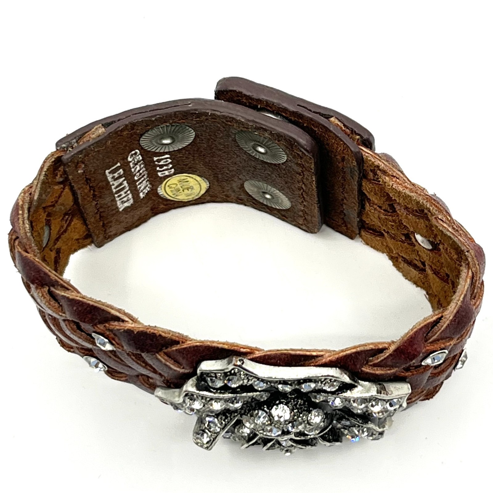 Vintage Y2K Brown Braided Leather Rhinestone Flower Cuff Bracelet Boho Retro
