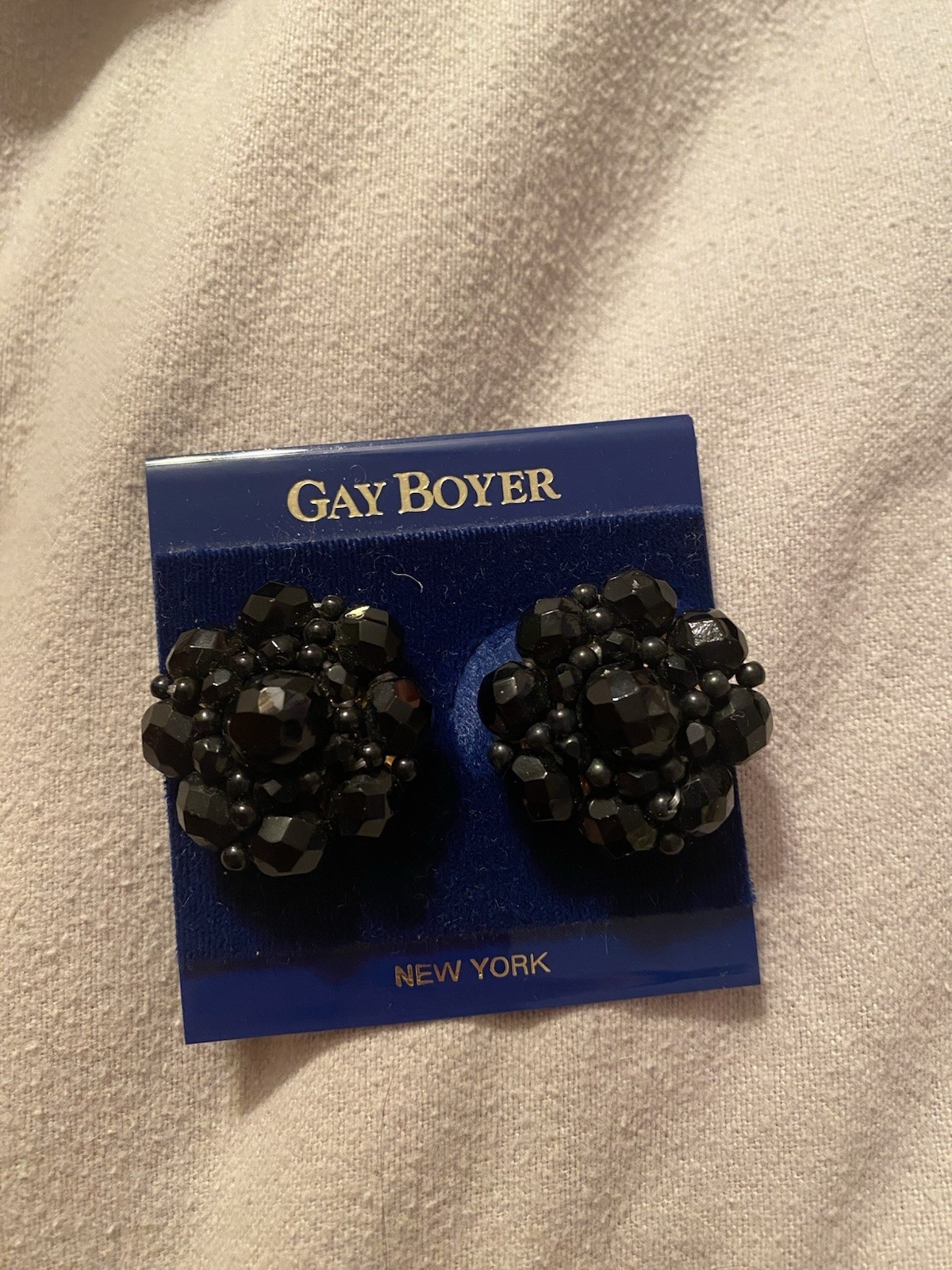 Gay Boyer Vintage Clip On Earrings Round Black Shimmer Enamel Gold Tone Flowers