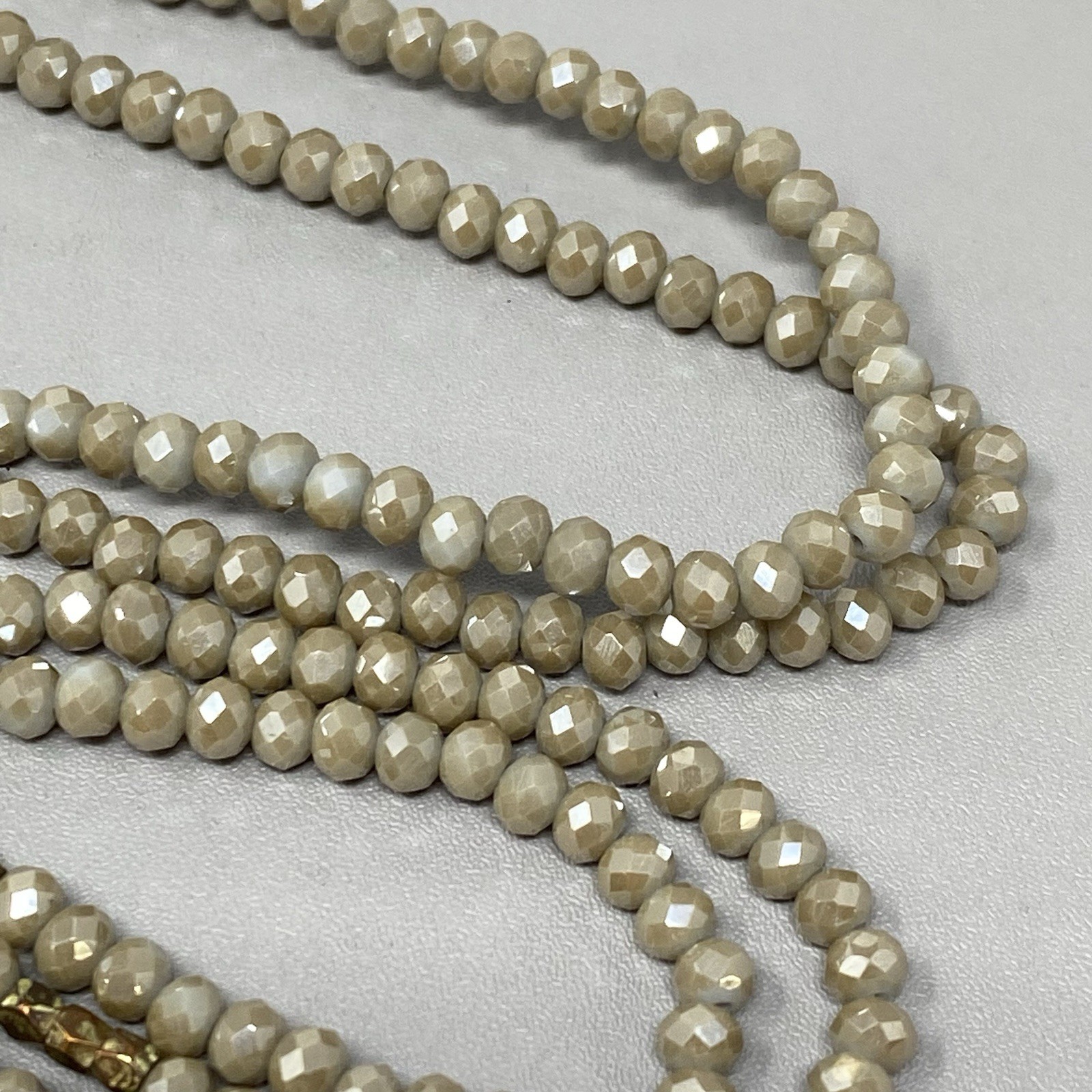 Cream Fire Polished Glass Bead Necklace Surface Coated Long Tan Faceted 60″